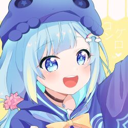 Rule 34 | 1girl, amami ami, blue eyes, blue hair, choker, frog girl, frog hat, hair ornament, hair scrunchie, highres, long hair, looking at viewer, low twintails, mio desuwa, open mouth, prism project, rainbow hair ornament, scrunchie, smile, twintails, virtual youtuber