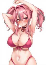 Rule 34 | 1girl, arm behind head, armpits, arms up, azur lane, bad id, bad twitter id, bare shoulders, bikini, blush, breasts, bremerton (azur lane), choker, cleavage, collarbone, highleg, highleg bikini, large breasts, long hair, looking at viewer, marisasu (marisa0904), mole, mole on breast, navel, navel piercing, open mouth, piercing, pink bikini, pink eyes, pink hair, sidelocks, simple background, solo, swimsuit, twintails, white background