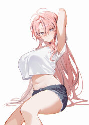 1girl absurdres antenna_hair arm_up armpits belly black_hair blue_eyes blush breasts choker crop_top crop_top_overhang denim denim_shorts eyelashes hair_between_eyes highres large_breasts long_hair looking_at_viewer midriff mmlyno multicolored_hair navel original pink_hair plump shirt short_shorts shorts simple_background sitting solo sweat sweater thighs very_long_hair white_background white_shirt