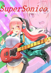 Rule 34 | 1girl, blush, breasts, guitar, headphones, highres, instrument, karaage (ta-na), large breasts, long hair, looking at viewer, nitroplus, open mouth, pink eyes, pink hair, plectrum, smile, solo, super sonico, zoom layer