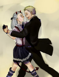 Rule 34 | 1boy, 1girl, artist request, blonde hair, blue eyes, dancing, dorohedoro, formal, gloves, horns, long hair, noi (dorohedoro), red eyes, shin (dorohedoro), short hair, skirt, star (symbol), stitches, suit, suspenders, tail, white hair, aged down