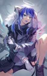 Rule 34 | 1girl, arknights, black footwear, black jacket, black scarf, black shorts, blue eyes, blue hair, blue tongue, boots, buckle, colored tongue, commentary request, demon horns, demon tail, energy wings, fang, fur-trimmed hood, fur trim, gloves, halo, highres, hood, horns, jacket, knee up, long hair, long sleeves, looking at viewer, mostima (arknights), open clothes, open jacket, open mouth, pouch, sasa onigiri, scarf, shirt, shorts, solo, staff, strap, tail, v, weapon, white gloves, white shirt
