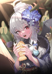 Rule 34 | 1girl, absurdres, blue archive, demon wings, flower, food, future cake, hair flower, hair ornament, halo, haruna (blue archive), haruna (new year) (blue archive), highres, holding, holding food, japanese clothes, kimono, korean text, looking at viewer, red eyes, white hair, wings
