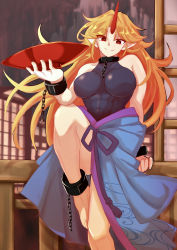 Rule 34 | 1girl, abs, absurdres, architecture, bare shoulders, barefoot, black shirt, blonde hair, blue kimono, breasts, building, closed mouth, commentary request, cuffs, cup, east asian architecture, foot out of frame, fugaku (miko no miyatsuguchi), highres, holding, holding cup, horns, hoshiguma yuugi, hoshiguma yuugi (kimono), impossible clothes, impossible shirt, japanese clothes, kimono, large breasts, leg up, long hair, looking at viewer, pointy ears, red eyes, red horns, sakazuki, shirt, single horn, sleeveless, sleeveless shirt, smile, solo, touhou