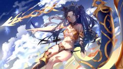 Rule 34 | 1girl, black hair, breasts, detached sleeves, fate/grand order, fate (series), highres, ishtar (fate), long hair, looking at viewer, medium breasts, navel, orange eyes, pointing, pointing to the side, qifenling liumiao, single detached sleeve, single thighhigh, smile, solo, thighhighs, tohsaka rin