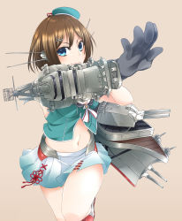 Rule 34 | 10s, 1girl, absurdres, blue eyes, breasts, brown hair, cleavage, gloves, hair ornament, hairclip, hat, highres, kantai collection, loco 65 o1o1, looking at viewer, maya (kancolle), maya kai ni (kancolle), medium breasts, midriff, navel, simple background, skirt, solo, thighs, turret