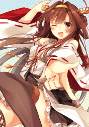 Rule 34 | 10s, 1girl, ;p, bare shoulders, blush, boots, brown hair, brown thighhighs, detached sleeves, double bun, hair bun, hair ornament, hairband, headgear, japanese clothes, kantai collection, kongou (kancolle), long hair, nontraditional miko, one eye closed, open mouth, personification, skirt, smile, solo, thigh boots, thighhighs, tongue, tongue out, toosaka asagi, wink