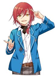 Rule 34 | 1boy, arm up, belt, blush, brown eyes, collared shirt, ensemble stars!, highres, index finger raised, long sleeves, looking at viewer, male focus, namori, open mouth, parted lips, red hair, sakasaki natsume, school uniform, shirt, short hair, simple background, smile, solo, white background, white shirt, yellow eyes