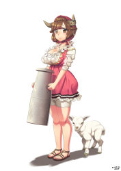 Rule 34 | 1girl, alsea, animal, blush, breasts, brown eyes, brown hair, cleavage, cow horns, dated, dress, full body, goat, hood, horns, large breasts, looking at viewer, milk, original, pink dress, sandals, short hair, smile, solo, standing, white background