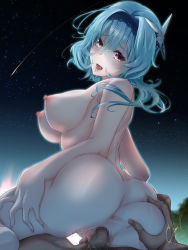 Rule 34 | absurdres, anus, ass, blue hair, chark14, eula (genshin impact), genshin impact, grabbing, highres, nude, oppai oppai, outdoors, penis, purple eyes, reverse cowgirl position, sex, sex from behind, straddling