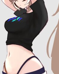 Rule 34 | 1girl, black hair, black shirt, breasts, brown hair, head out of frame, hololive, hololive english, hololive summer 2023 swimsuit, long hair, m r b, medium breasts, midriff, multicolored hair, nanashi mumei, navel, shirt, simple background, solo, streaked hair, t-shirt, very long hair, virtual youtuber, white background, white hair