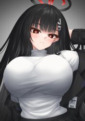 Rule 34 | 1girl, absurdres, arm up, black hair, black jacket, black skirt, blazer, blue archive, blush, breasts, halo, highres, huge breasts, id card, jacket, looking at viewer, red eyes, rio (blue archive), skirt, solo, sweater, turtleneck, turtleneck sweater, ueyama 0clock, upper body, white sweater