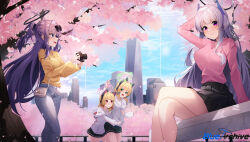 Rule 34 | 4girls, absurdres, black shorts, black skirt, blonde hair, blue archive, blush, breasts, building, camera, cherry blossoms, commentary, day, green eyes, green halo, grey hair, grey pants, grin, halo, hidel, highres, holding, holding camera, hood, hooded jacket, jacket, large breasts, long hair, long sleeves, mechanical halo, midori (blue archive), momoi (blue archive), multiple girls, noa (blue archive), open mouth, outdoors, pants, pink halo, pink shirt, pleated skirt, purple eyes, purple hair, red eyes, shirt, short hair, shorts, siblings, sisters, skirt, smile, symbol-only commentary, twins, white jacket, yellow shirt, yuuka (blue archive)