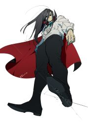 Rule 34 | 1boy, black footwear, black hair, black pants, cape, closed mouth, collared cape, crack, expressionless, from below, full body, head down, hunter x hunter, illumi zoldyck, long hair, looking at viewer, male focus, mojisan (ebimo), pants, red cape, shirt, simple background, solo, standing, white shirt, wind