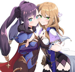 Rule 34 | 2girls, :d, belt, blue eyes, blunt bangs, blush, breasts, capelet, cheek-to-cheek, choker, cleavage, detached sleeves, flower, fur trim, genshin impact, gloves, green eyes, hair between eyes, hair flower, hair ornament, hair over shoulder, half gloves, heads together, highres, holding hands, jewelry, lace, lace-trimmed legwear, lace trim, leotard, light brown hair, lisa (genshin impact), long hair, looking at viewer, medium breasts, micro shorts, mona (genshin impact), multiple girls, nano (nanojyaa), necklace, open mouth, pantyhose, purple flower, purple hair, purple leotard, scrunchie, short sleeves, shorts, side slit, simple background, small breasts, smile, thighhighs, twintails, white background