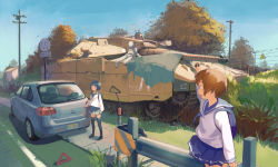 Rule 34 | 2girls, absurdres, backpack, bag, brown eyes, brown hair, car, caterpillar tracks, chain-link fence, commentary request, day, dummy, fence, grass, green eyes, green hair, highres, merkava (tank), military, military vehicle, motor vehicle, multiple girls, original, road, road sign, shirt, short hair, sign, skirt, tank, tree, uniform, utility pole, wind, zhongye yu