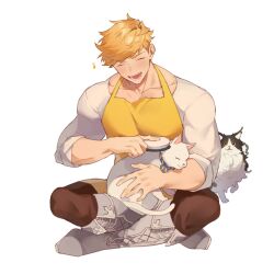 Rule 34 | 1boy, :o, animal, apron, blonde hair, blush, boots, brown pants, cat, comb, ewiyar (granblue fantasy), granblue fantasy, green eyes, higashigunkan, holding, holding comb, indian style, large pectorals, male focus, muscular, muscular male, open mouth, pants, pectorals, shirt, sitting, sleeves rolled up, solo, vane (granblue fantasy), white shirt, yellow apron