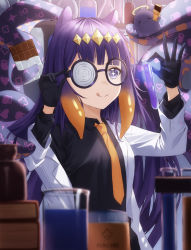 Rule 34 | 1girl, :q, absurdres, closed mouth, dress, glasses, gloves, highres, hololive, hololive english, long hair, nacho (nacho 1103), necktie, ninomae ina&#039;nis, orange necktie, purple dress, takodachi (ninomae ina&#039;nis), tentacle hair, tentacles, tongue, tongue out, virtual youtuber