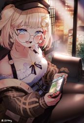 Rule 34 | 1girl, absurdres, bag, black pantyhose, blonde hair, blue eyes, blush, brown jacket, controller, frilled shirt collar, frills, from above, game controller, gilmang, glasses, hair ornament, hairclip, highres, holding, holding controller, holding game controller, hololive, hololive english, huge filesize, jacket, jewelry, looking at viewer, necklace, nintendo switch, off-shoulder shirt, off shoulder, official alternate costume, open mouth, pantyhose, plaid, plaid jacket, ringed eyes, round eyewear, shirt, shoulder bag, side ponytail, sitting, skirt, solo, twitter username, virtual youtuber, watson amelia, watson amelia (street casual), white shirt, window, x hair ornament