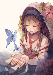 Rule 34 | 1girl, bare shoulders, bug, butterfly, closed mouth, detached sleeves, facing viewer, flower, hairband, highres, insect, kuroduki (pieat), original, own hands together, palms, partially submerged, pink background, rain, red flower, ripples, sash, smile, solo, upper body, veil, wet