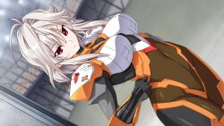 Rule 34 | 1girl, antenna hair, bodysuit, breasts, closed mouth, covered navel, feet out of frame, female focus, game cg, grey hair, groin, hand on own hip, highres, indoors, jinki, jinki resurrection, large breasts, legs, looking at viewer, medium hair, mitsumiya kanae, original, pink eyes, serious, solo, standing, thighs, tsunashima shirou