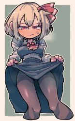 Rule 34 | 1girl, :/, ascot, awa (bihidasu), black skirt, black vest, blonde hair, blush, closed mouth, clothes lift, commentary, grey background, hair ribbon, highres, lifting own clothes, long sleeves, looking at viewer, red ascot, red eyes, red ribbon, ribbon, rumia, shirt, short hair, simple background, skirt, skirt lift, solo, touhou, vest, white shirt