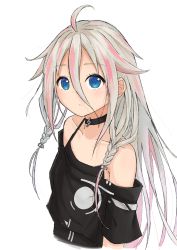 Rule 34 | 1girl, absurdres, ahoge, bare shoulders, black shirt, blue eyes, braid, cevio, choker, collarbone, commentary, cropped torso, english commentary, expressionless, hair tie, highres, ia (vocaloid), long hair, minatsuki (m1natsuk1), off-shoulder shirt, off shoulder, parted lips, platinum blonde hair, shirt, solo, spaghetti strap, twin braids, upper body, very long hair, vocaloid, white background