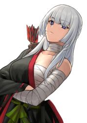 Rule 34 | 1girl, ak-15 (girls&#039; frontline), arrow (projectile), bandaged arm, bandaged neck, bandages, breasts, collarbone, crossed arms, girls&#039; frontline, hair ornament, japanese clothes, long hair, looking at viewer, medium breasts, purple eyes, silayloe, silver hair, solo, white background