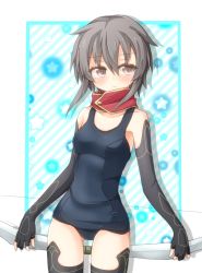 Rule 34 | 10s, 1girl, alternate costume, bad id, bad pixiv id, black eyes, black hair, bow (weapon), elbow gloves, fingerless gloves, gloves, looking away, one-piece swimsuit, rateratte, school swimsuit, shinon (sao:im), short hair, sinon, swimsuit, sword art online, sword art online: infinity moment, weapon