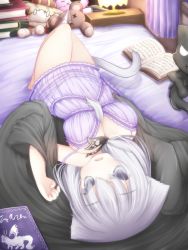Rule 34 | 1girl, animal ears, breasts, cat ears, cat tail, cleavage, highres, long hair, lying, nightmare cat, pixiv fantasia, pixiv fantasia t, grey eyes, silver hair, solo, tail