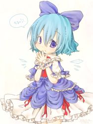 Rule 34 | 1girl, adapted costume, blue dress, blue eyes, blue hair, bow, cirno, dress, hair bow, ice, ice wings, layered dress, looking at viewer, matching hair/eyes, own hands together, puffy sleeves, short sleeves, simple background, solo, tisha (kimagurenukosan), touhou, translated, white background, white dress, wings, wrist cuffs