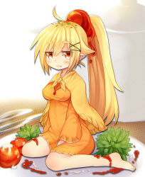 Rule 34 | 1girl, barefoot, blonde hair, blush, breasts, food, jitome, ketchup, long hair, looking at viewer, medium breasts, mofuaki, omelet, omurice, original, personification, ponytail, sitting, solo, wariza