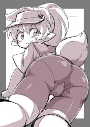 Rule 34 | 1girl, ass, blush, blush stickers, croixsan, female focus, from behind, looking back, monochrome, pointy ears, ponytail, smile, solo, tail, thigh gap, visor cap