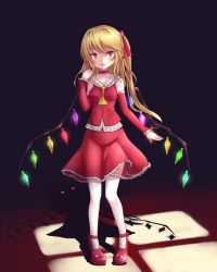 Rule 34 | 1girl, adapted costume, alternate breast size, ascot, asymmetrical hair, asymmetrical wings, between breasts, blonde hair, blush, breasts, collarbone, crystal, detached sleeves, flandre scarlet, floor, hand on own shoulder, highres, kuro (baseball0000), mary janes, red eyes, red footwear, shadow, shoes, short hair, side ponytail, skirt, solo, thighhighs, touhou, white thighhighs, window, wings