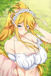 Rule 34 | 1girl, bare shoulders, blonde hair, blue eyes, blush, breasts, centaur, centorea shianus, cleavage, closed mouth, collarbone, commentary, cowboy shot, english commentary, grass, hair between eyes, highres, huge breasts, large breasts, lindaroze, long hair, looking at viewer, midriff, monster musume no iru nichijou, navel, sidelocks, smile, solo, standing, taur