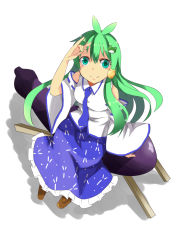 Rule 34 | 1girl, antenna hair, bare shoulders, closed mouth, commentary request, detached sleeves, eggplant, fox shadow puppet, from above, green eyes, green hair, hayaneko (ceceragi), highres, kochiya sanae, long hair, necktie, shouryouuma, simple background, sitting, sitting on object, smile, solo, touhou, white background