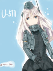 Rule 34 | 10s, 1girl, aqua background, aqua eyes, character name, covered navel, cropped jacket, d:, garrison cap, hat, kantai collection, long hair, maruki (punchiki), open mouth, platinum blonde hair, simple background, solo, twitter username, u-511 (kancolle)