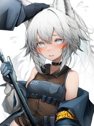 Rule 34 | 1girl, absurdres, animal ear fluff, animal ears, arknights, armband, bare shoulders, black gloves, black jacket, blue eyes, blush, brown shirt, collar, collared shirt, commentary, flying sweatdrops, gloves, grani (arknights), grey hair, headpat, highres, horse ears, infection monitor (arknights), jacket, long hair, long sleeves, looking up, open clothes, open jacket, open mouth, ponytail, revision, shirt, simple background, solo focus, tab head, upper body, very long hair, white background