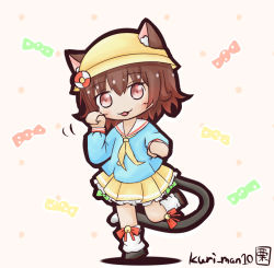 Rule 34 | :3, alternate costume, animal ear fluff, animal ears, azur lane, blue shirt, bow, brown hair, cat ears, cat tail, check commentary, commentary request, cosplay, green bow, hat, historical name connection, kantai collection, kurimanjuu, lifebuoy hair ornament, loose socks, mutsuki (azur lane), mutsuki (azur lane) (cosplay), mutsuki (kancolle), name connection, red bow, red eyes, school hat, school uniform, serafuku, shirt, skirt, socks, solo, tail, yellow skirt