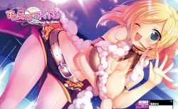 Rule 34 | 1girl, ;d, absurdres, belt, bent over, blonde hair, blue eyes, blush, breast hold, breasts, buckle, detached collar, downblouse, foundation, fur trim, glint, headset, highres, kuroda chieri, large breasts, leaning forward, looking at viewer, mitsumomo mam, mitsumomo mamu, nipple slip, nipples, one eye closed, open mouth, short shorts, shorts, smile, solo, starlight idol, starlight idol -colorful top stage!-, wink