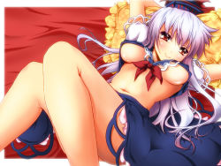 Rule 34 | 1girl, arms up, blue hair, breasts, female focus, frilled pillow, frills, haruyonoto, hat, kamishirasawa keine, large breasts, legs, long hair, lying, midriff, navel, no bra, on back, pillow, red eyes, smile, solo, touhou, underboob
