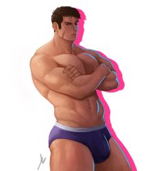 Rule 34 | 1boy, abs, bara, boxer briefs, bulge, commentary, crossed arms, edging underwear, english commentary, facial scar, feet out of frame, highres, large pectorals, long sideburns, looking at viewer, male focus, male underwear, muscular, muscular male, navel, nipples, original, pectorals, purple male underwear, rekkinj, scar, scar on cheek, scar on face, short hair, sideburns, solo, stomach, thick thighs, thighs, topless male, underwear