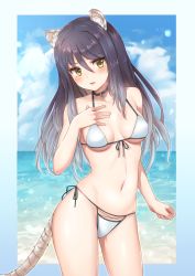 Rule 34 | 1girl, animal ear fluff, animal ears, bare arms, bare shoulders, bikini, black hair, blue sky, blush, breasts, breasts apart, cloud, collarbone, commentary request, contrapposto, cowboy shot, dargo, day, front-tie bikini top, front-tie top, gluteal fold, gradient hair, groin, hair between eyes, halterneck, hand on own chest, hand up, highres, horizon, long hair, looking at viewer, medium breasts, multicolored hair, navel, ocean, parted lips, princess connect!, shiori (princess connect!), side-tie bikini bottom, sky, solo, standing, stomach, swimsuit, tail, water, white bikini, white hair, yellow eyes