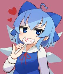 Rule 34 | 1girl, ahoge, blue bow, blue eyes, blue hair, bow, candy, cirno, commentary, detached wings, eating, english commentary, ferdy&#039;s lab, food, hair bow, heart, heart ahoge, highres, holding, holding candy, holding food, holding lollipop, ice, ice wings, lollipop, long sleeves, looking at viewer, short hair, simple background, solo, touhou, upper body, wings