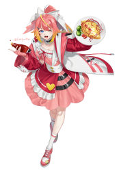 Rule 34 | 1girl, ;d, ^ ^, absurdres, alternate costume, belt collar, blonde hair, blue eyes, bottle, bow, broccoli, cherry tomato, closed eyes, collar, commentary, counter:side, dress, emoticon, fingerless gloves, food, food art, frilled collar, frills, full body, gloves, gradient hair, hair between eyes, hair bow, hair ornament, hairclip, heart, highres, holding, holding bottle, holding plate, jacket, ketchup, ketchup bottle, lin leiyu0921, long sleeves, looking at viewer, multicolored hair, omelet, omurice, one eye closed, open clothes, open jacket, open mouth, pink dress, pink footwear, pink gloves, pink hair, pink jacket, pink ribbon, plate, ponytail, pouch, rachel dodds, ribbon, shoes, simple background, smile, socks, solo, standing, streaked hair, tomato, twitter username, white background, white bow, white jacket, white socks, wide sleeves