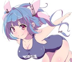 Rule 34 | 10s, 1girl, blue hair, blush, breasts, cleavage, i-19 (kancolle), kantai collection, long hair, looking at viewer, one-piece swimsuit, panikuru yuuto, red eyes, school swimsuit, simple background, smile, solo, swimsuit, twintails
