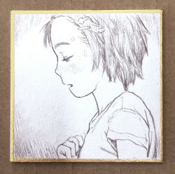 Rule 34 | 1girl, absurdres, blush, character request, from side, graphite (medium), hair ornament, hairclip, half-closed eyes, hand on own chest, highres, looking away, looking down, monochrome, murata range, parted lips, profile, shikishi, shirt, short hair, short sleeves, solo, sweat, t-shirt, to-y, traditional media, upper body, vignetting