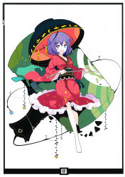 Rule 34 | 1girl, absurdres, adapted costume, alternate costume, barefoot, blue eyes, bowl, frills, full body, highres, ideolo, japanese clothes, kimono, long sleeves, looking at viewer, mallet, miracle mallet, needle, obi, open mouth, purple hair, sash, scan, short hair, simple background, smile, solo, sukuna shinmyoumaru, touhou, white background, wide sleeves