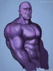 Rule 34 | 1boy, abs, bald, bara, colored skin, completely nude, cropped torso, facial hair, highres, large pectorals, looking at viewer, male focus, marvel, muscular, muscular male, navel, nipples, nude, original, pectorals, powerlesssong, purple skin, smile, solo, stomach, stubble, thanos, weibo logo, weibo watermark