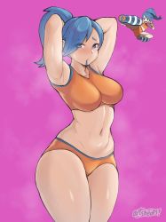 Rule 34 | 1girl, adjusting hair, armpits, arms behind head, artist name, artsheops, bare arms, battle girl (pokemon), bike shorts, blue eyes, blue hair, blush, breasts, commentary request, creatures (company), eyelashes, game freak, highres, large breasts, long hair, looking at viewer, mouth hold, navel, nintendo, pokemon, pokemon oras, ponytail, purple background, raised eyebrows, reference inset, shiny skin, steam, watermark